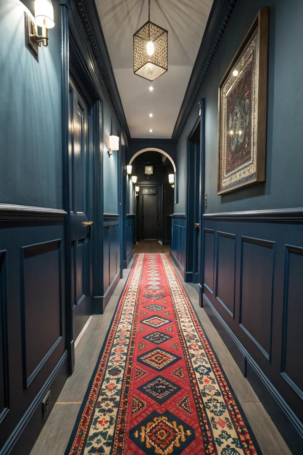 A colorful runner adds texture and vibrancy to a dark blue hallway.