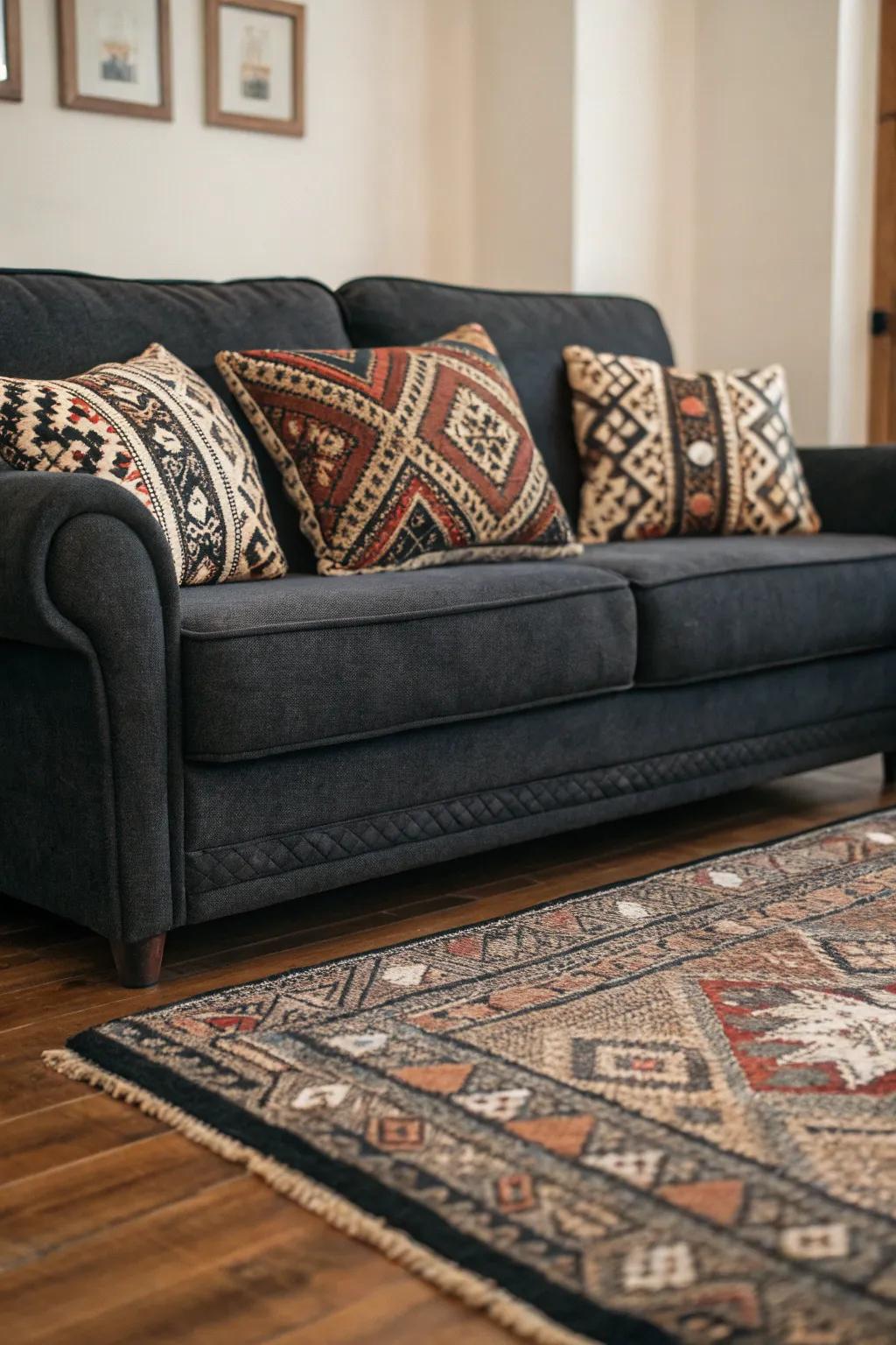 Patterns introduce texture and interest to the dark grey couch setting.