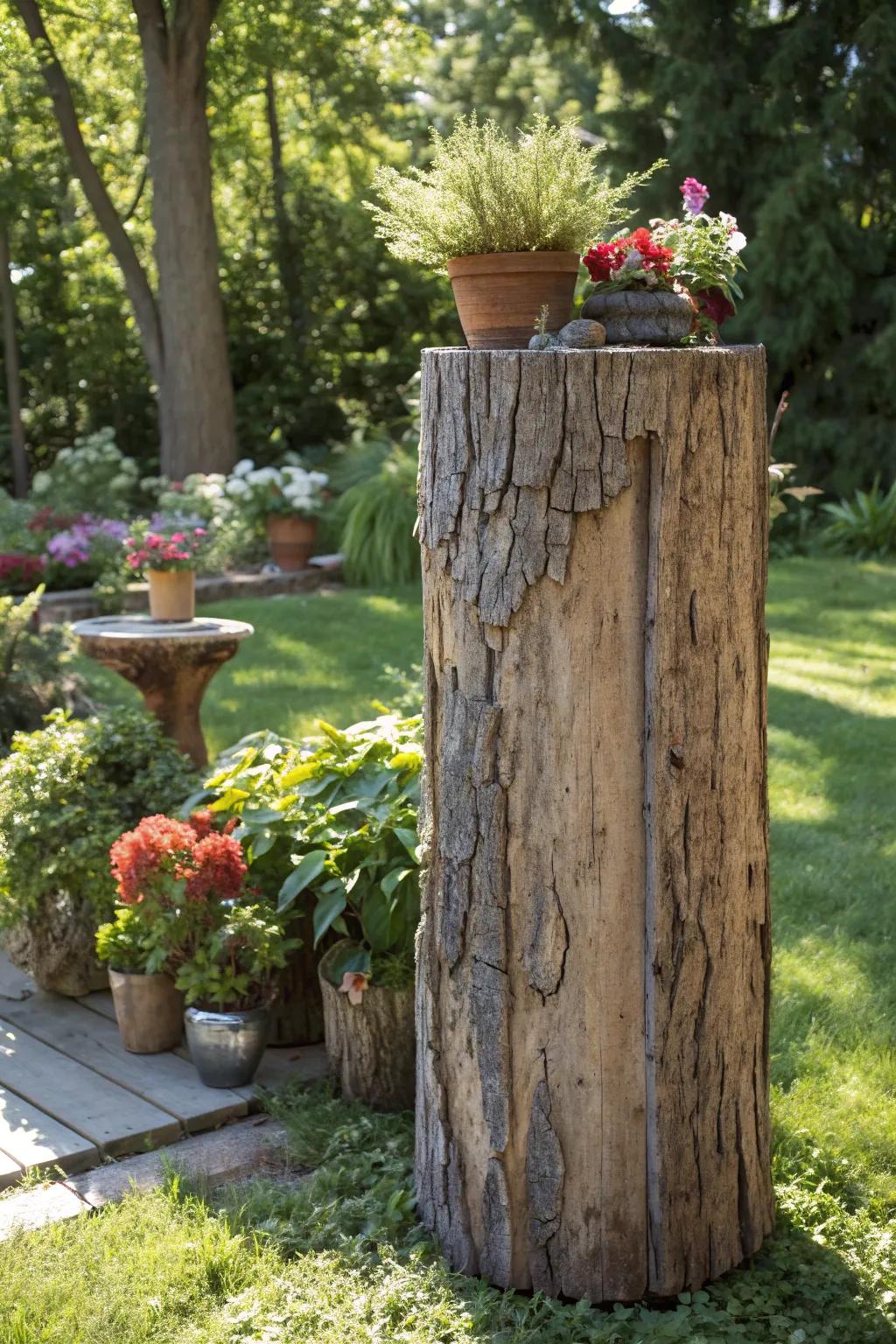 Elevate your garden decor with the rustic charm of a tree trunk display stand.