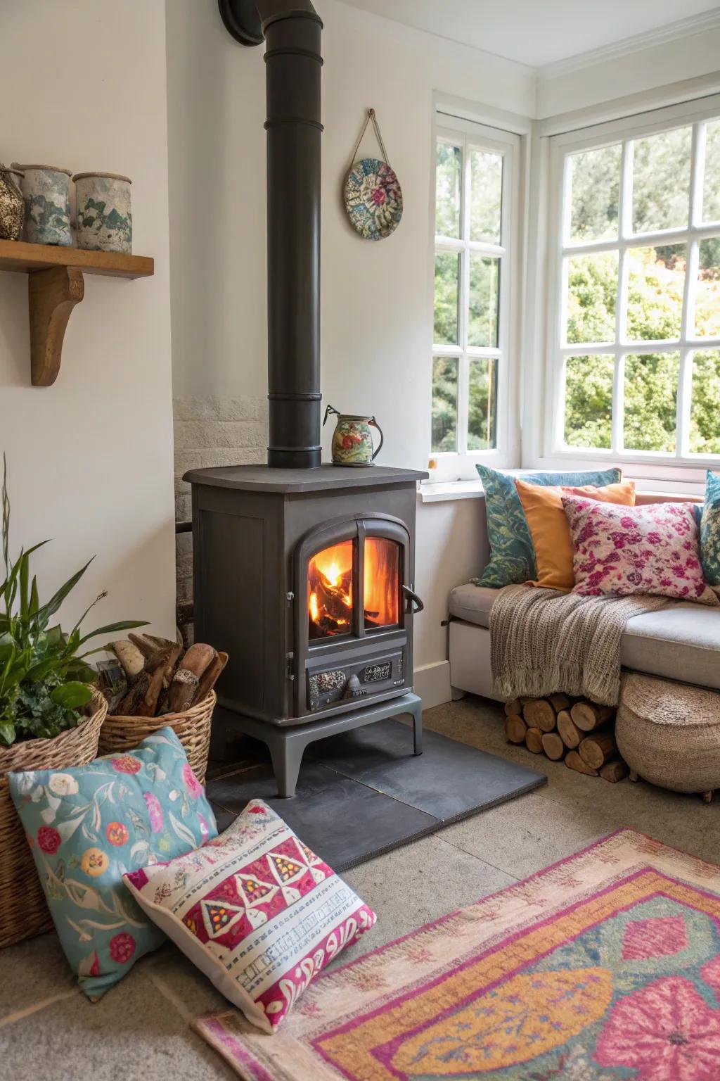 Accent colors add energy and a striking statement to the stove area.