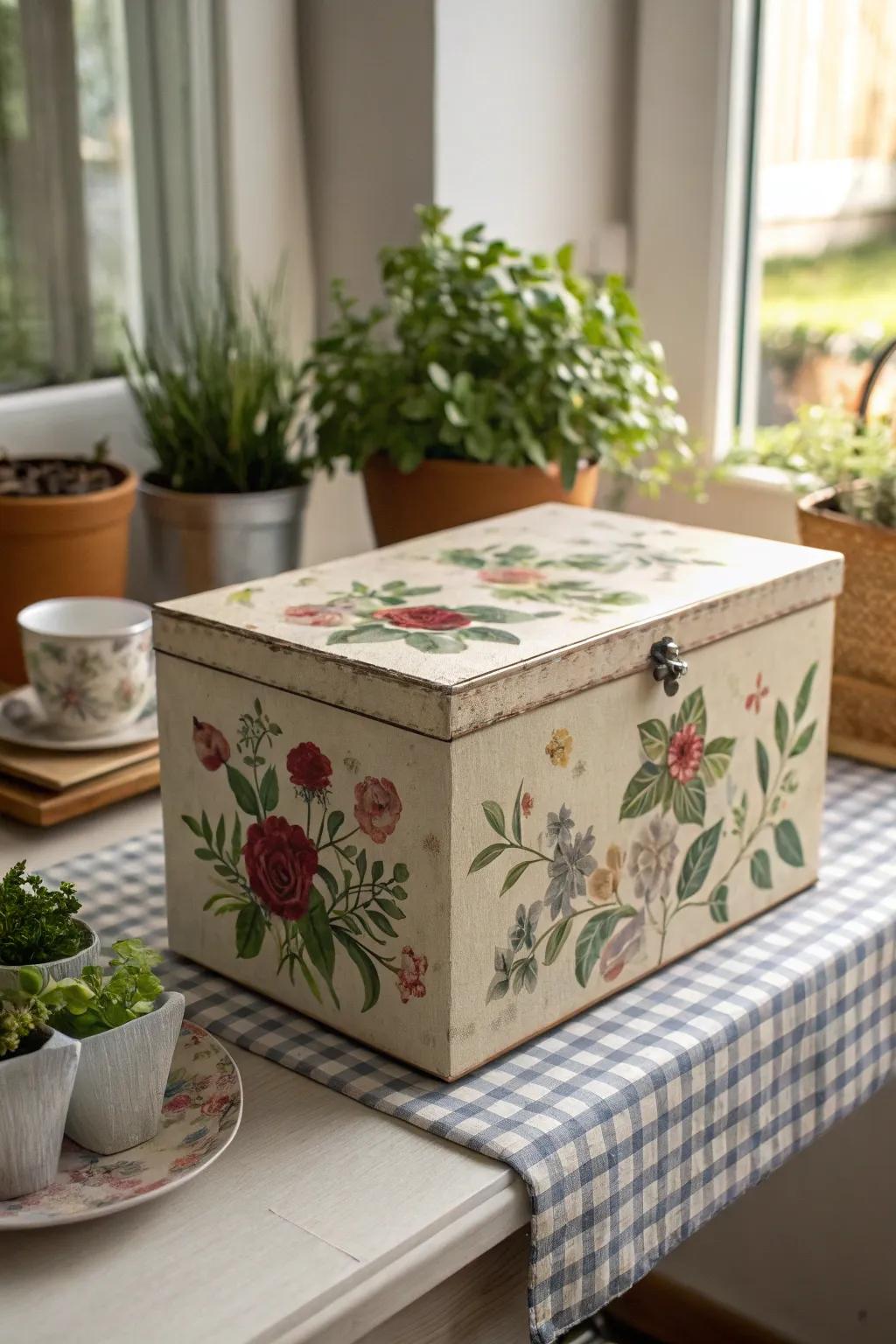 A floral decoupage box for a garden-inspired decor delight.