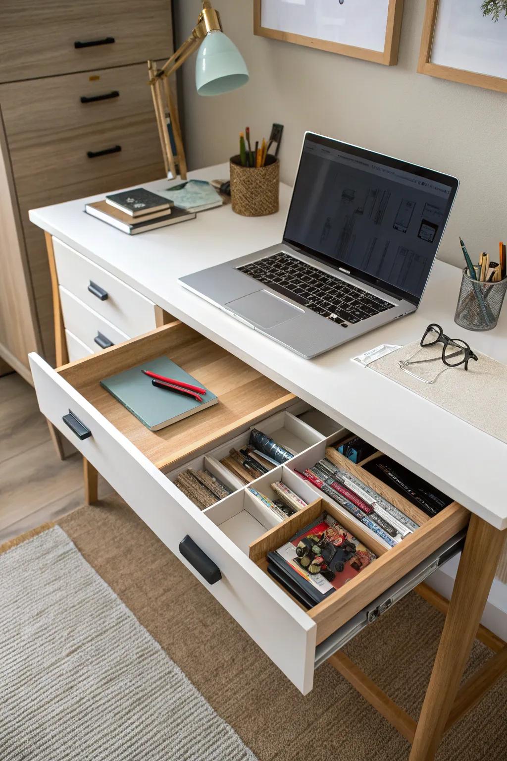 Hidden storage solutions that keep your desk clutter-free.
