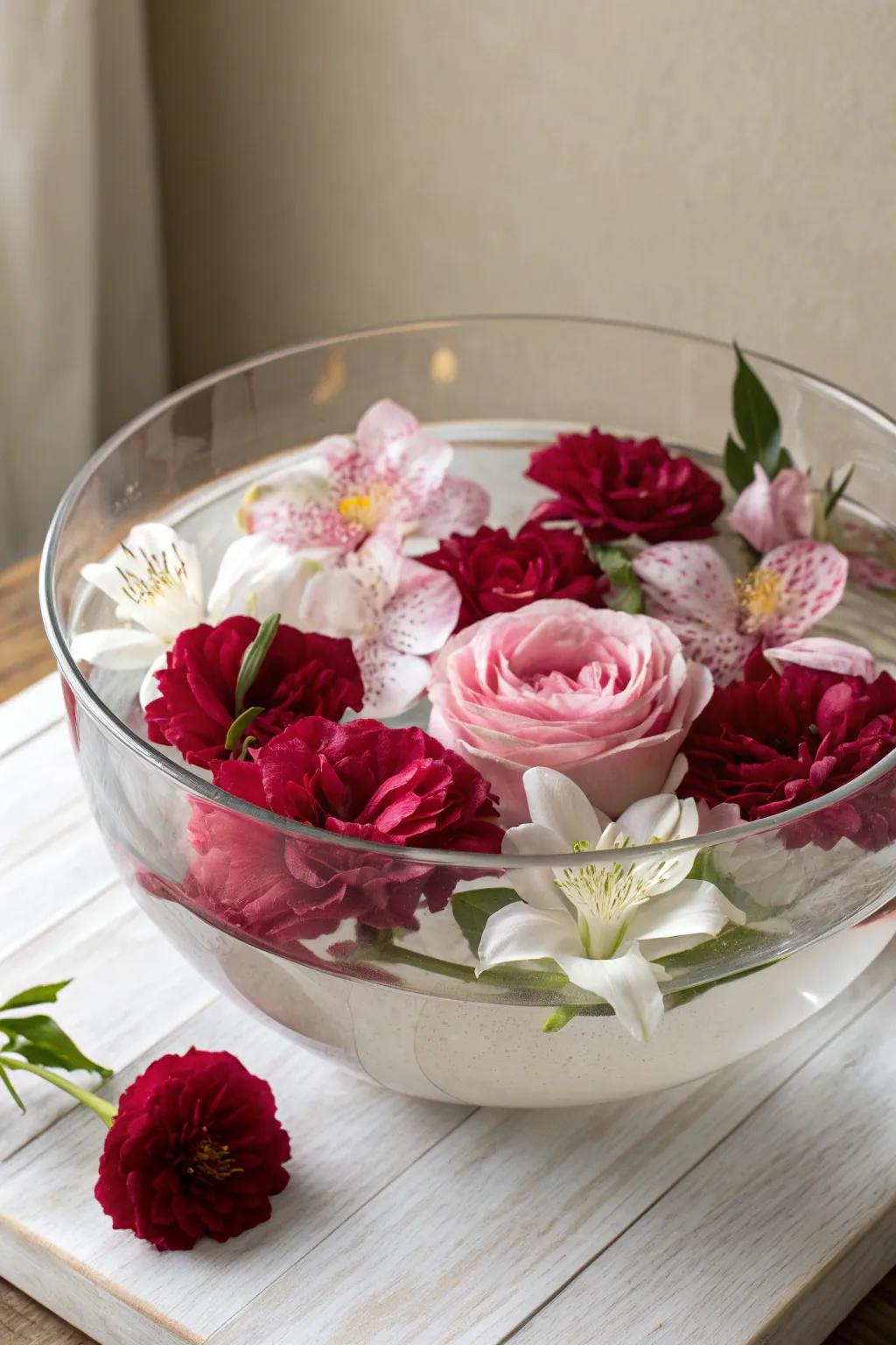 Elevate your celebrations with these stunning floating floral bowls - a perfect blend of elegance and natural beauty.