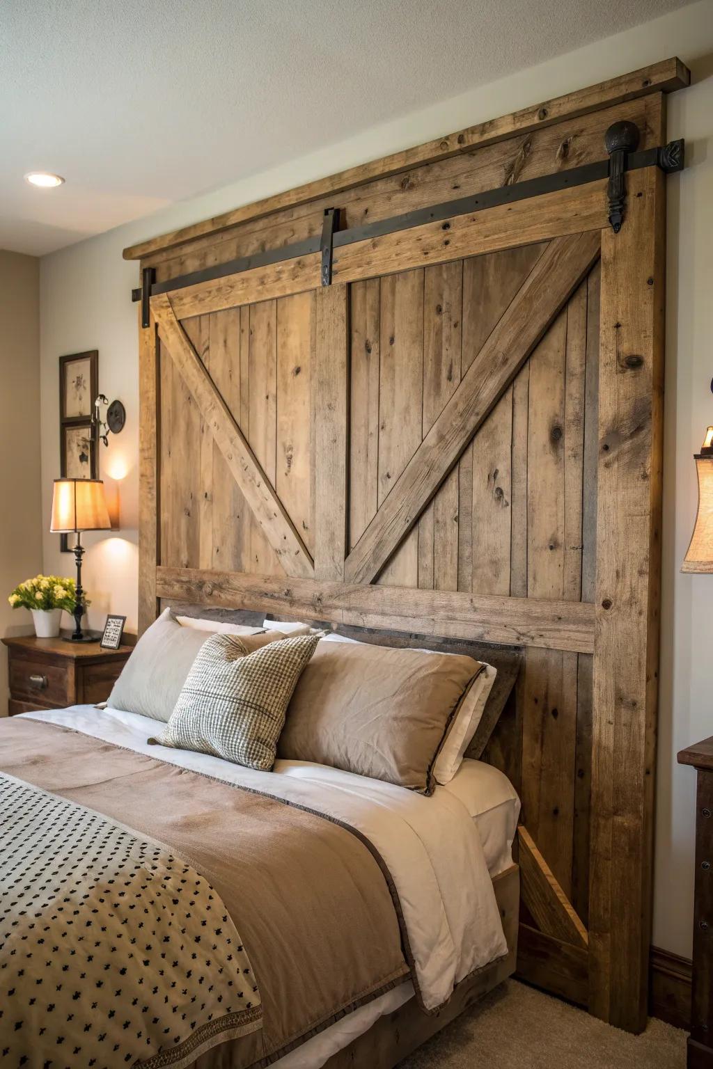 Transform your bedroom with the rustic charm of a handcrafted barn door headboard.
