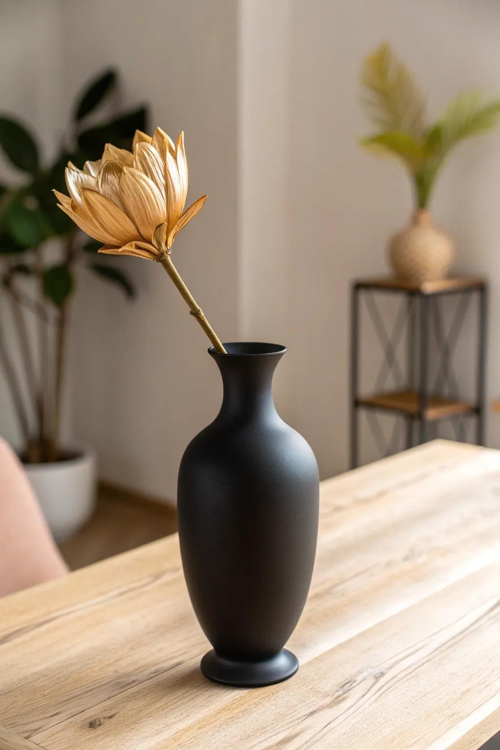 Embrace the art of simplicity with this stunning black and gold centerpiece.