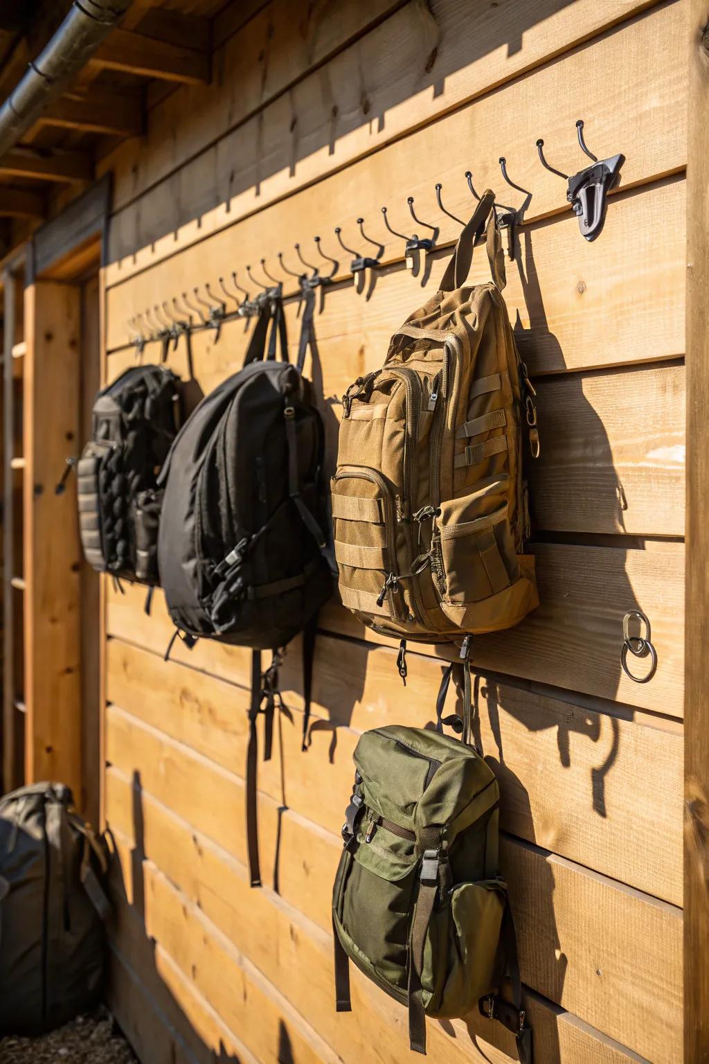 Elevate your camping gear storage with a stylish backpack wall, where adventure is always within reach.