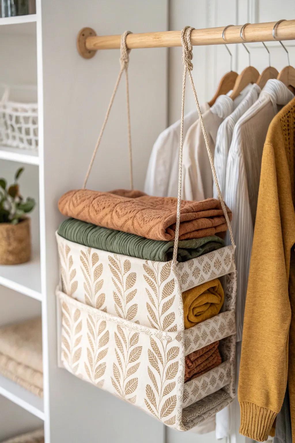 Elevate your closet with cozy and chic fabric hanging shelves – the perfect blend of Scandinavian minimalism and boho charm.