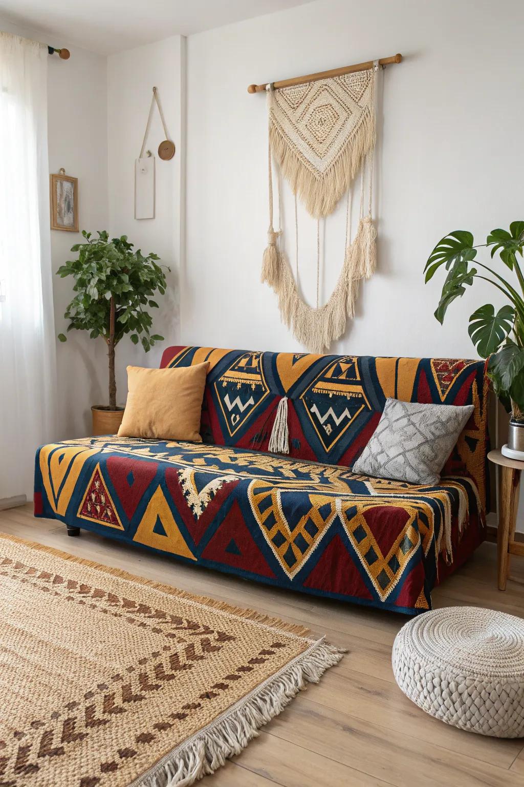 Transform your couch with bold geometric patterns for a chic, handcrafted touch. 🌿🎨