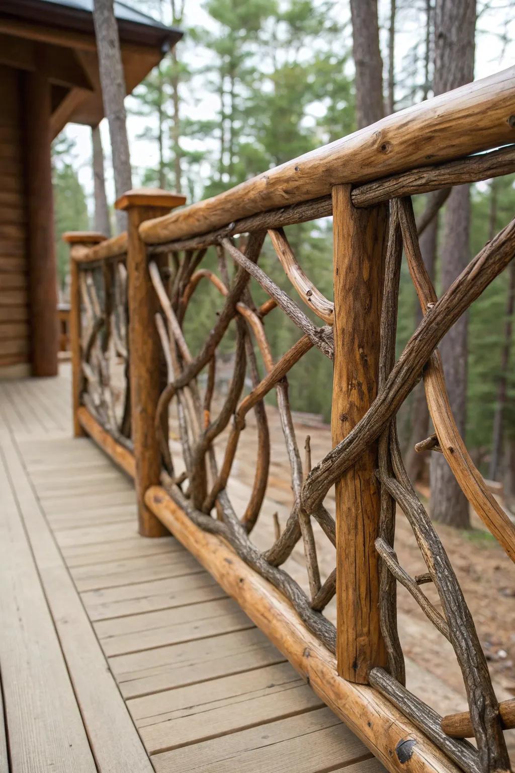 Embrace rustic elegance with handcrafted branch and lumber railings.