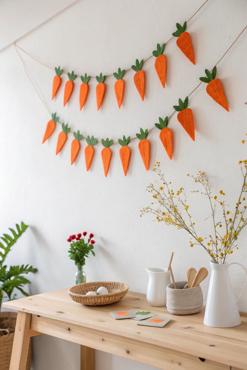 Add a playful touch to your Easter decor with a charming carrot garland, perfect for a minimalist and chic vibe!