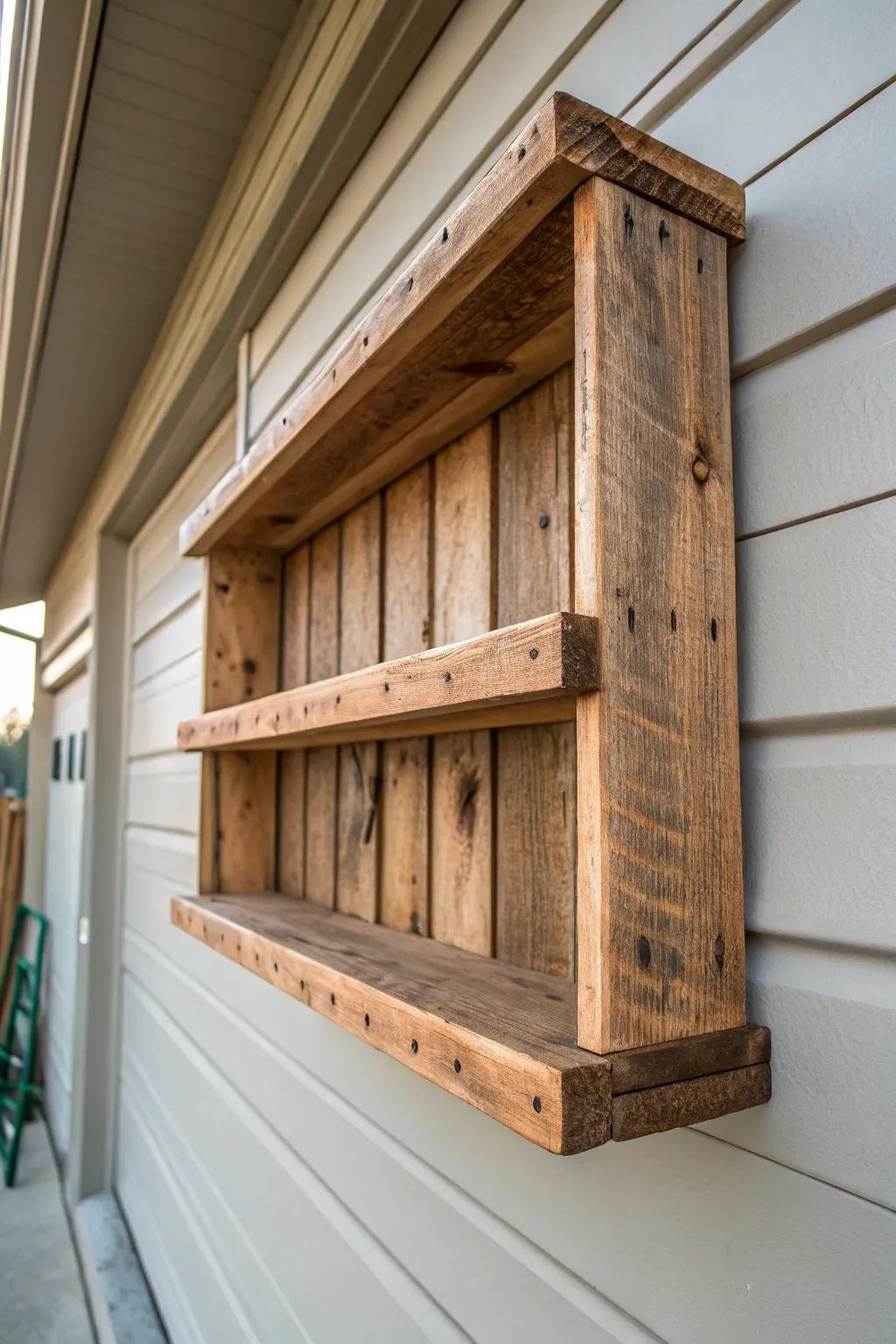 Transform your garage with the rugged charm of rustic pallet shelves.
