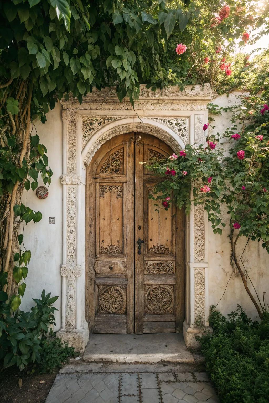 Transform your garden with a vintage wooden door archway for a touch of boho charm.