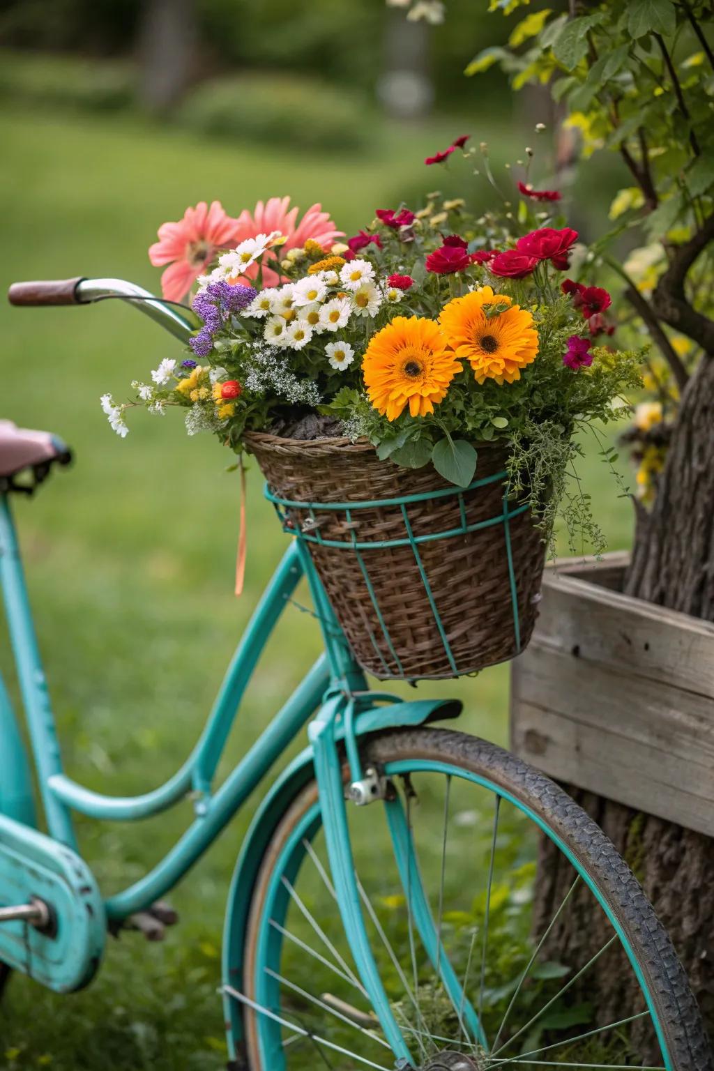 Transform junk into joy with this whimsical bicycle planter, where nostalgia meets nature in a splash of color.