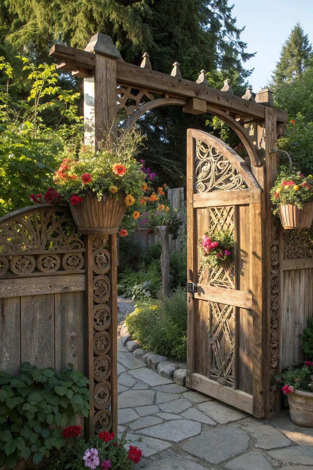 Step into a world of floral charm with this exquisitely crafted garden gate.