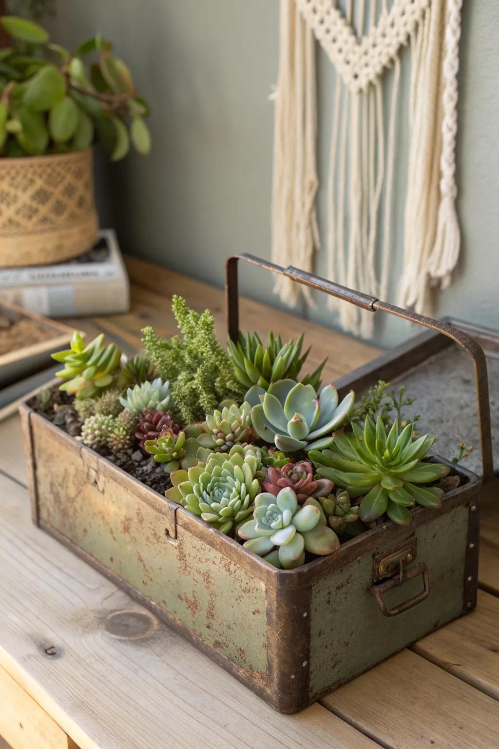 Transform nostalgia into nature with a vintage toolbox planter, where past meets present in a blend of rustic charm and lush greenery.