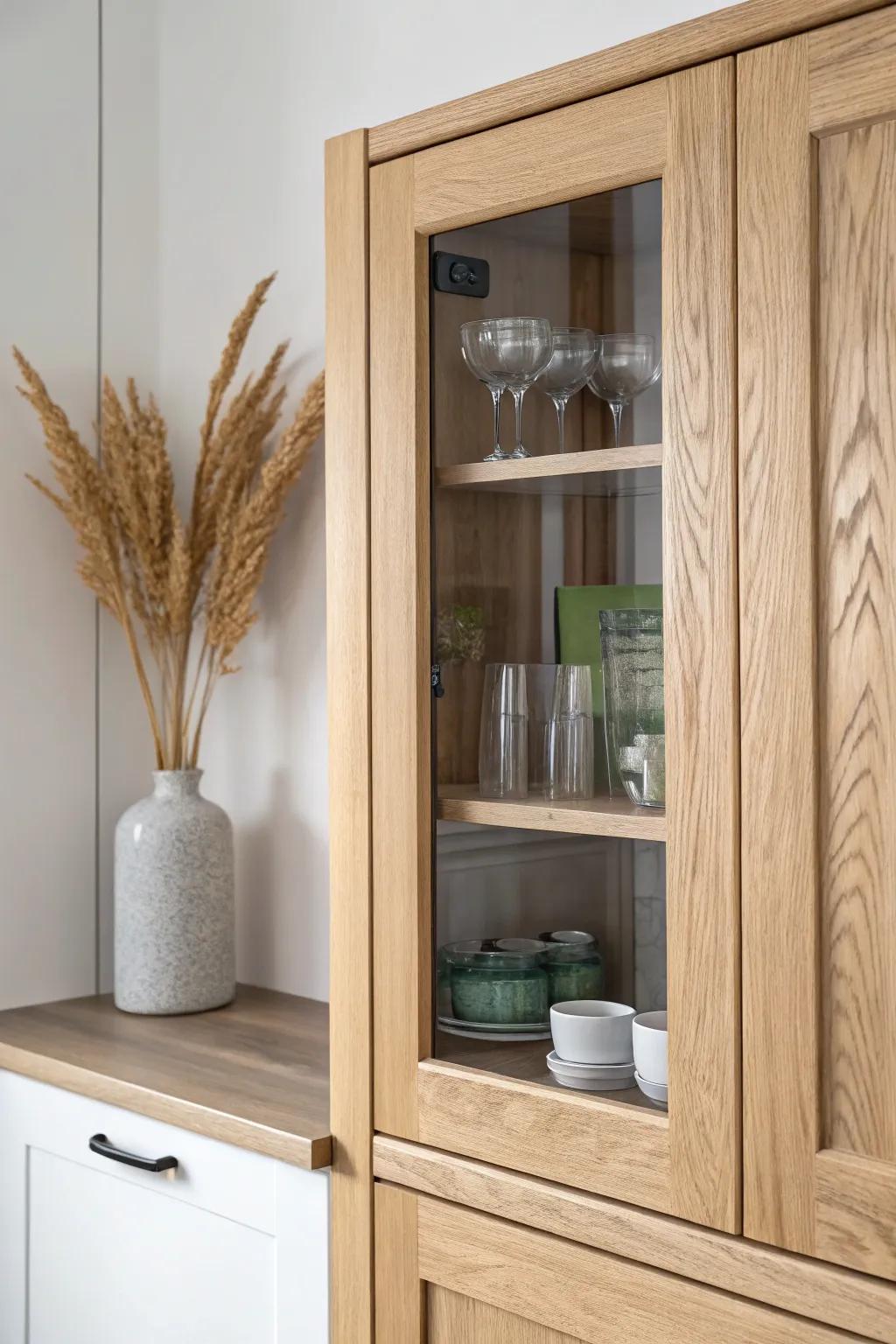 Transform your kitchen with elegant glass inserts for a touch of Scandinavian charm.
