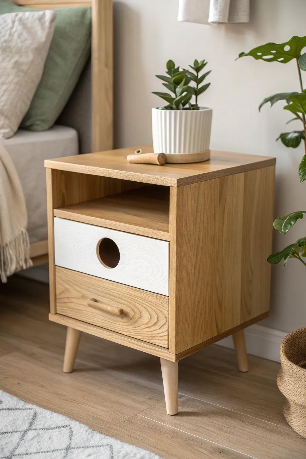 Elevate your space with this stylish nightstand litter box conversion – where functionality meets minimalistic elegance.
