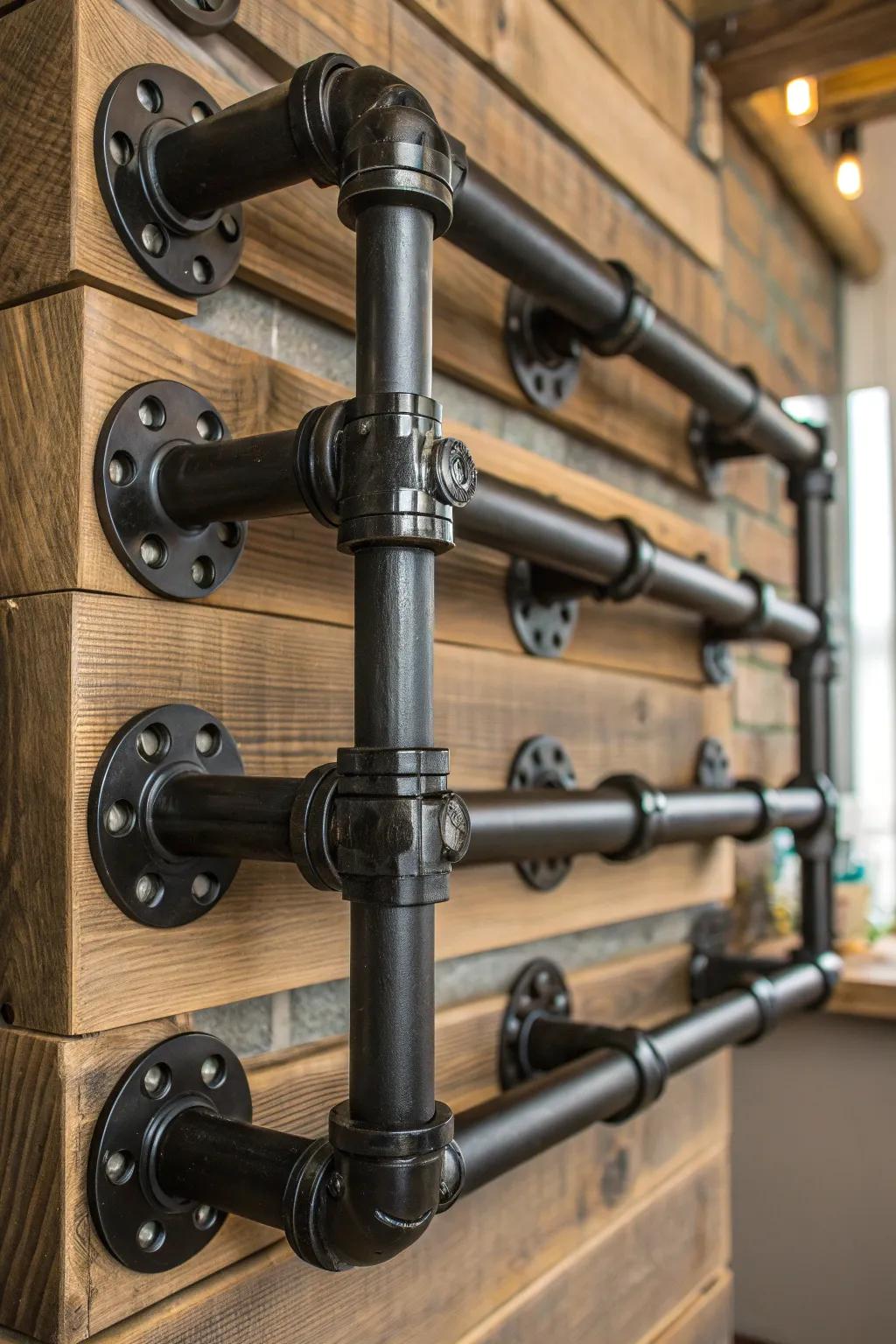 Elevate your workspace with the rugged elegance of a pipe and flange lumber rack.