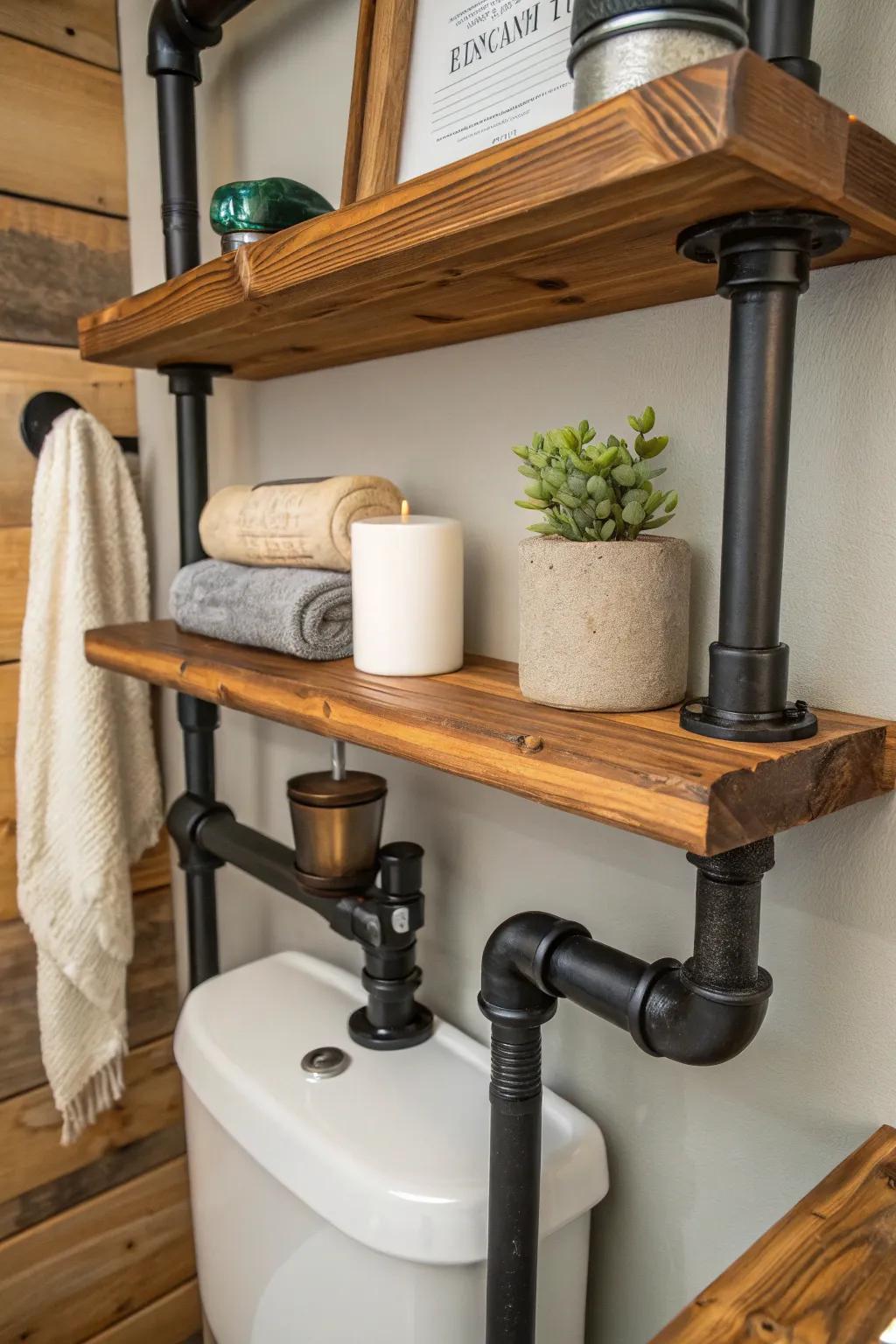 Elevate your bathroom style with industrial pipe shelves – where rustic charm meets modern minimalism.