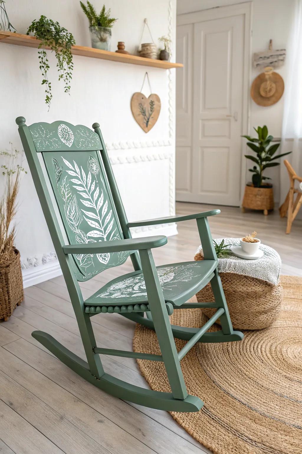 Embrace nature indoors with this DIY leaf-stenciled rocking chair, a perfect blend of minimalist elegance and boho charm.