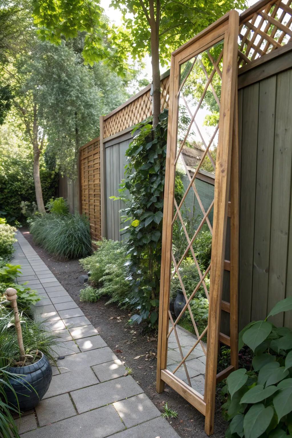 Transform your garden with a mirrored trellis—elegance and space in one chic design.