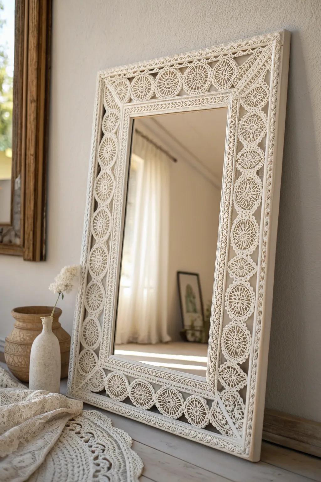 Transform your space with a touch of romance: DIY lace overlay mirror frame.