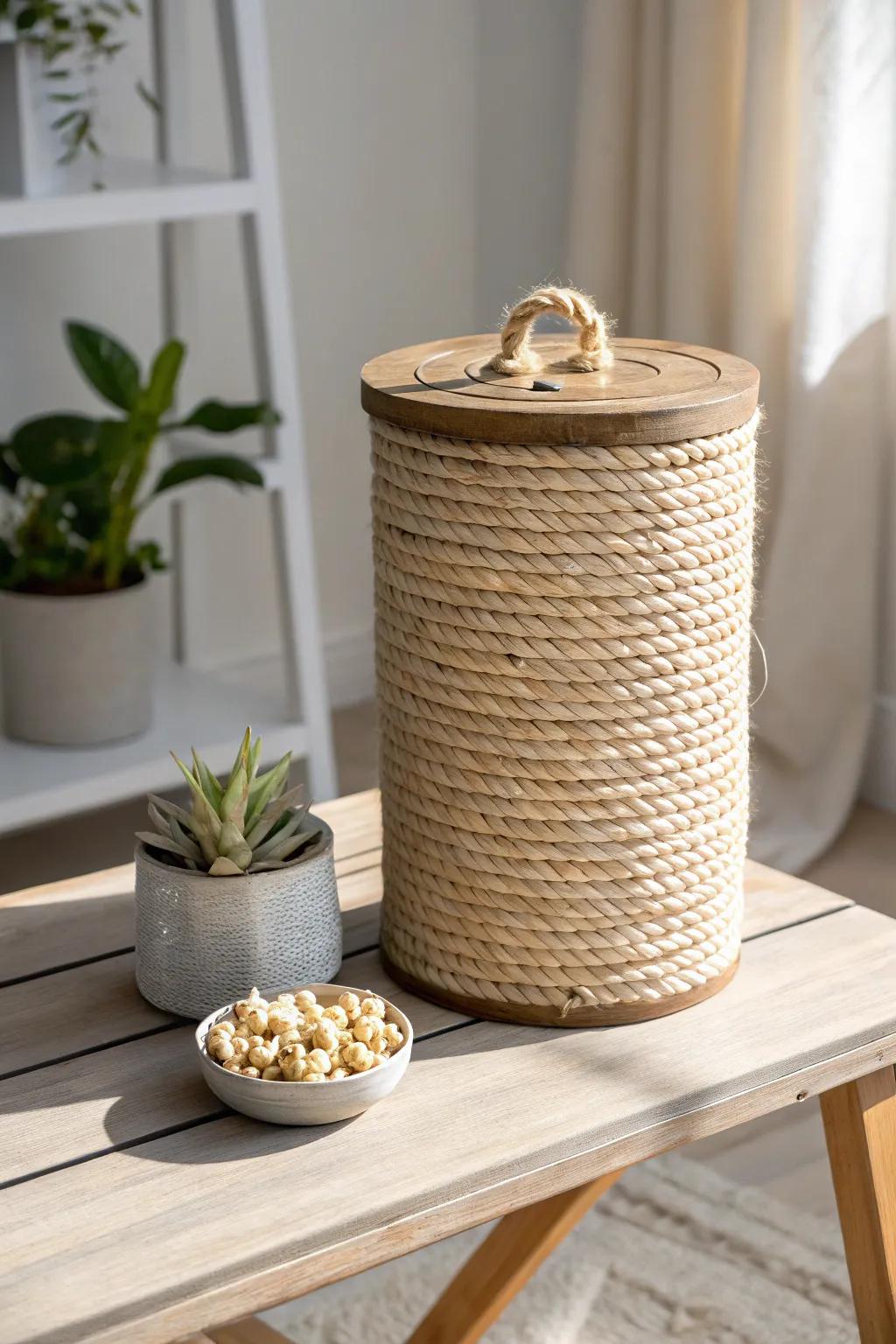 Elevate your office space with a chic, upcycled popcorn tin recycle bin - where sustainability meets style!