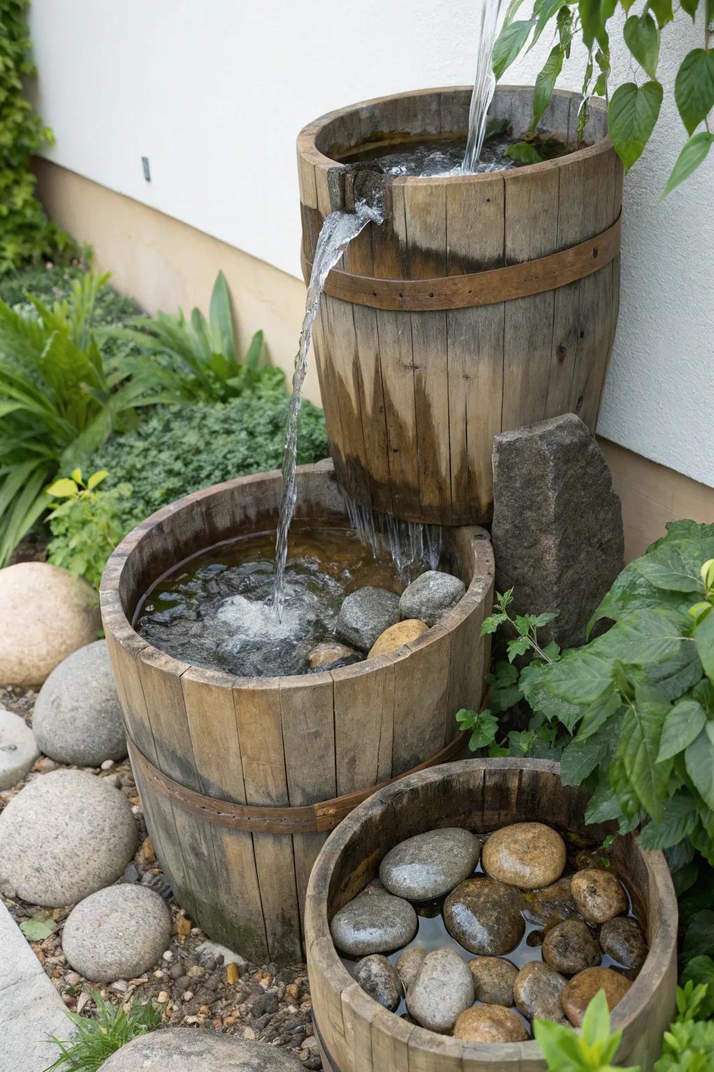 Transform your garden with a charming tiered barrel rock fountain, blending rustic charm with minimalist elegance.