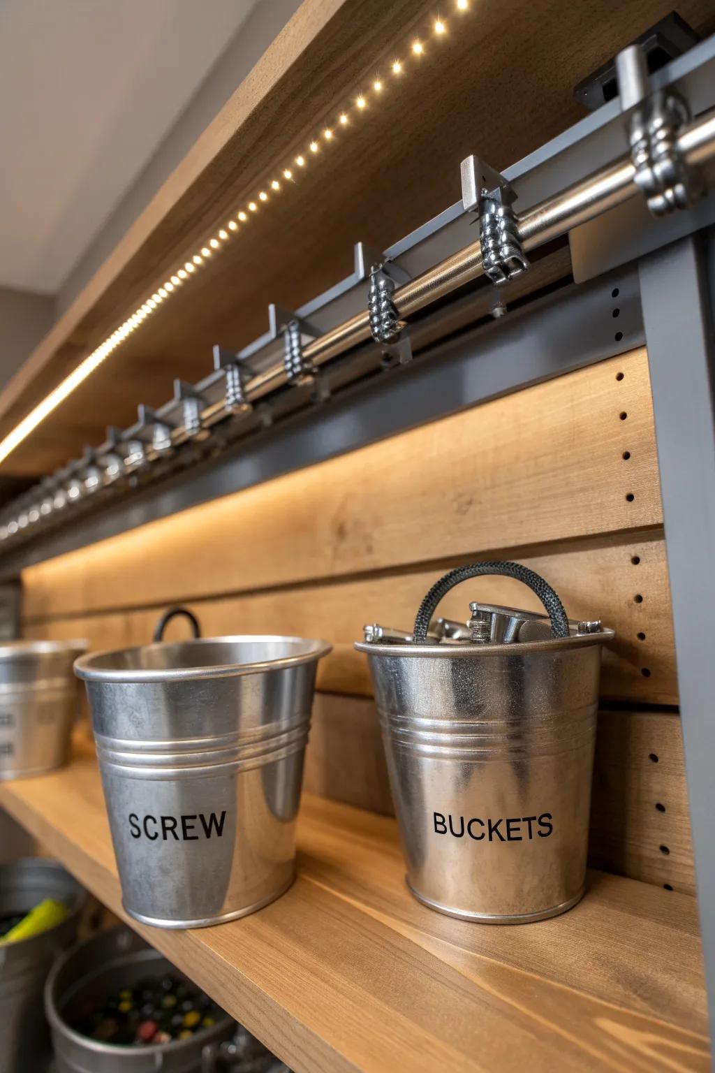 Elevate your workshop organization with sleek under-shelf rail storage. Perfect blend of style and function.