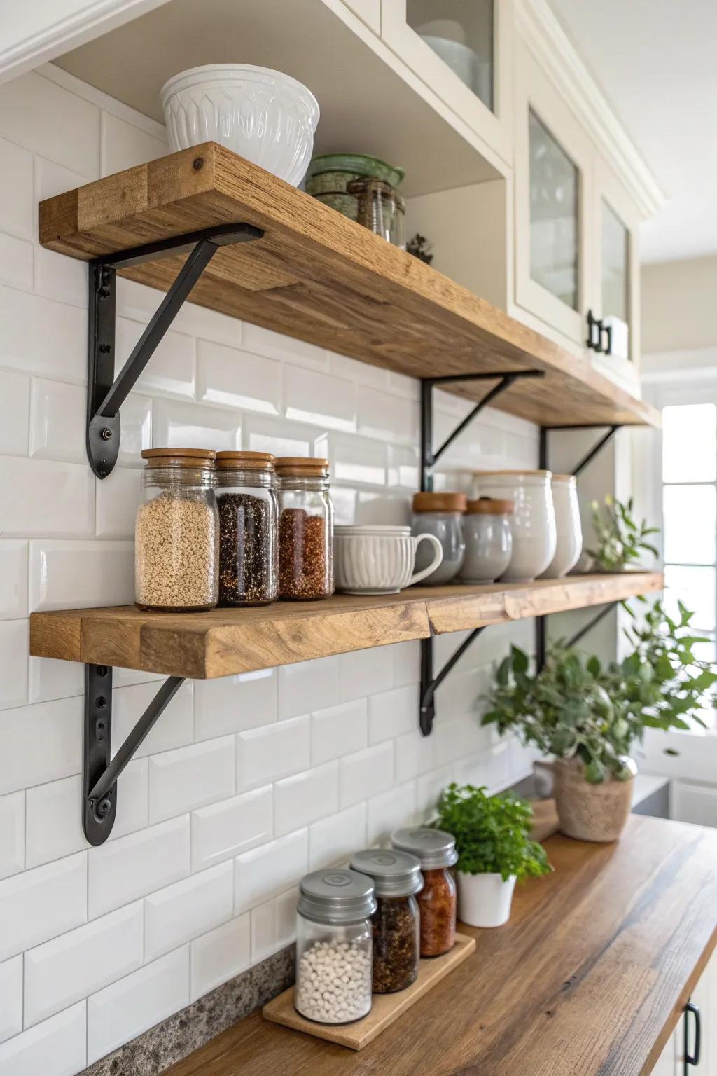 Elevate your kitchen aesthetic with rustic reclaimed wood shelves—where simplicity meets bold elegance.