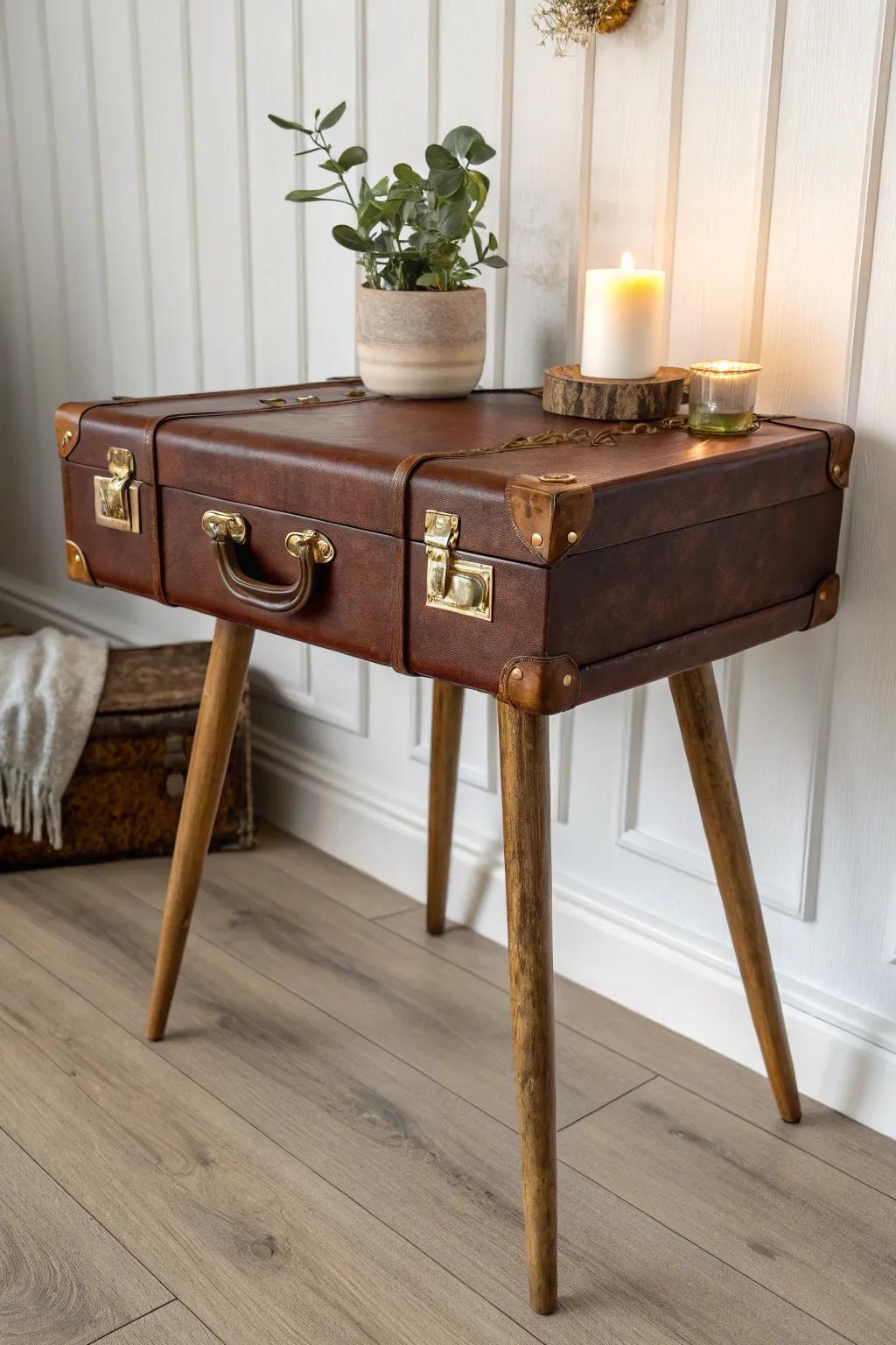 Transform a thrifted suitcase into a stunning side table masterpiece. #DIYDecor #VintageCharm
