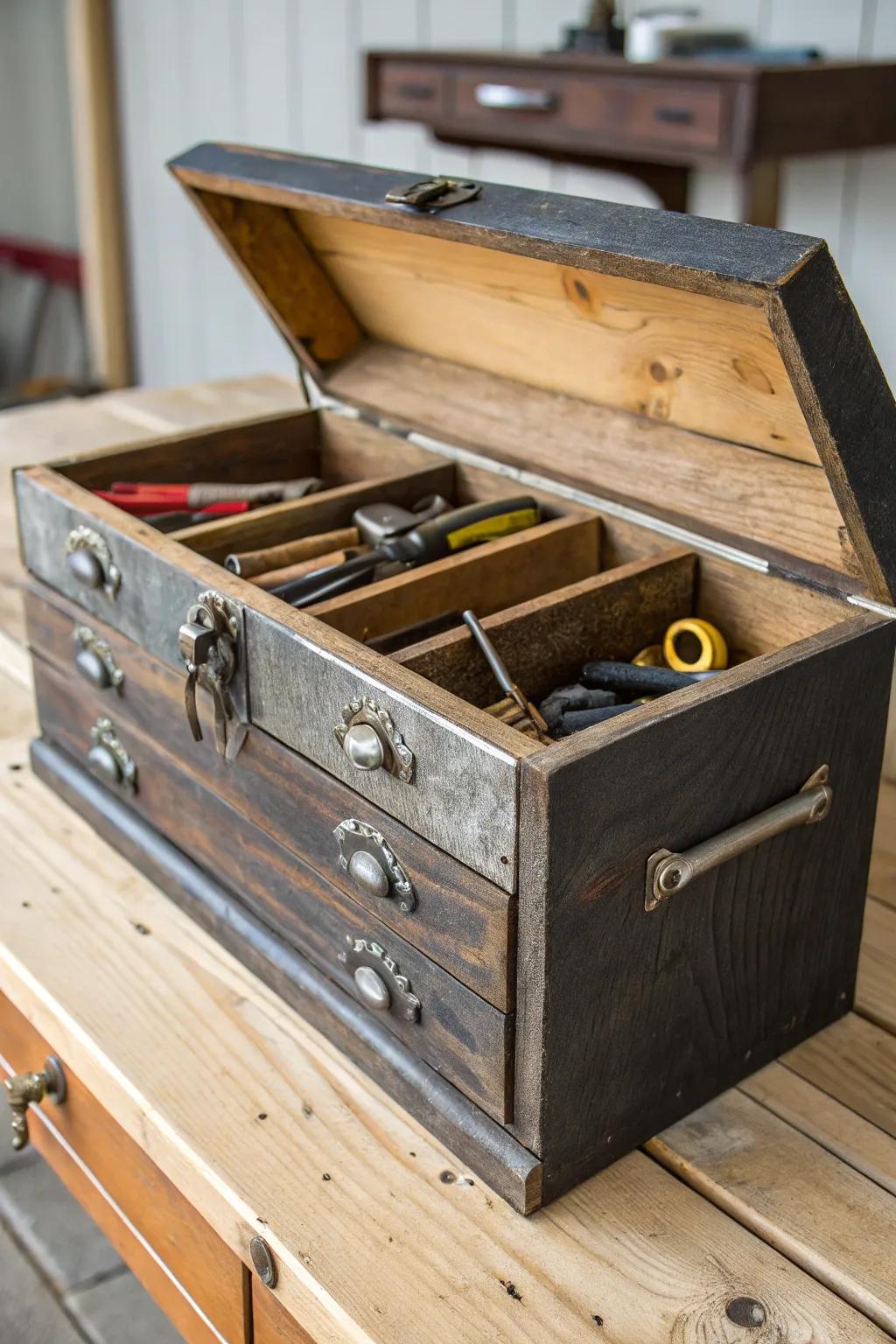 Transform your workspace with this rustic upcycled drawer tool box—where charm meets craftsmanship.