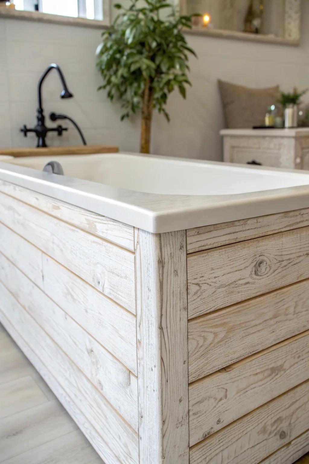 Transform your bathroom into a serene oasis with a chic whitewashed wood tub surround.