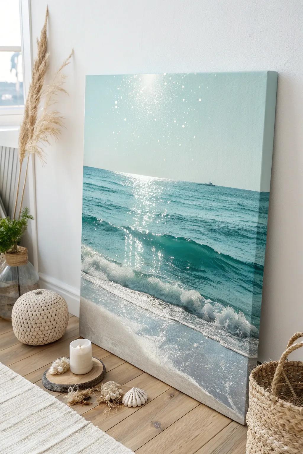 Dive into tranquility with this glittering seascape canvas—where simplicity meets the sea's sparkling beauty.
