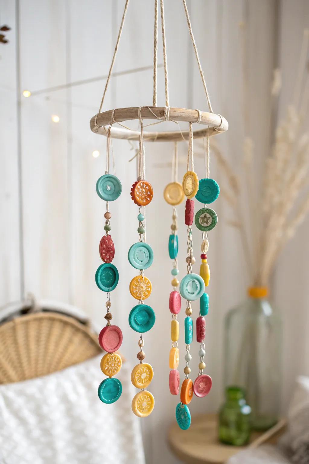 Add a splash of color and creativity to your space with this charming DIY bottle cap wind chime!