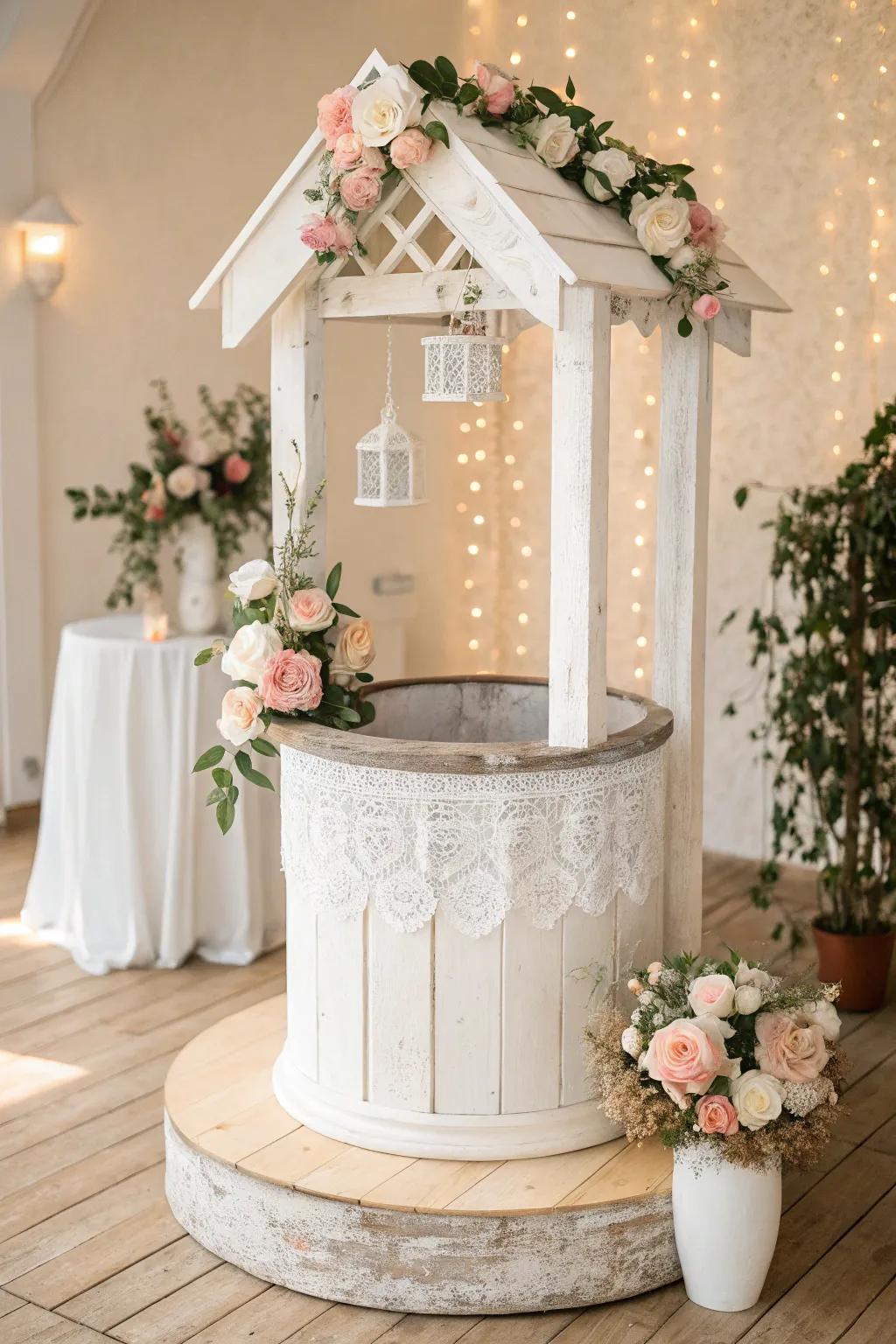 Capture the romance with this elegant wedding-themed wishing well, a perfect blend of minimalist beauty and boho charm.