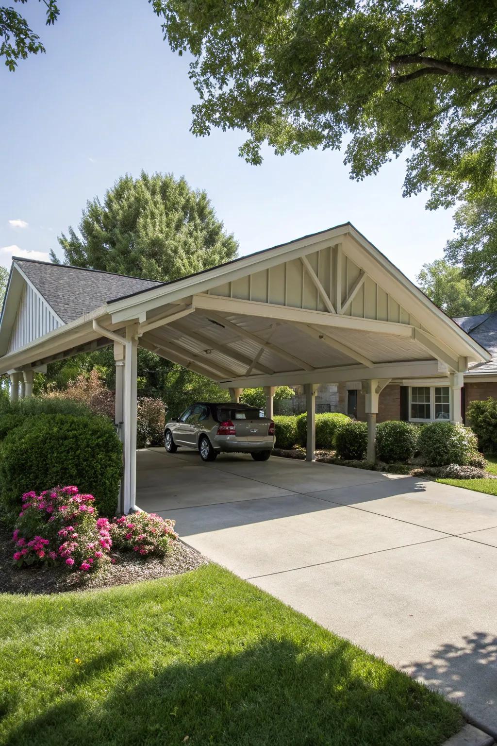 A carport that impresses with its spacious vaulted roof design.