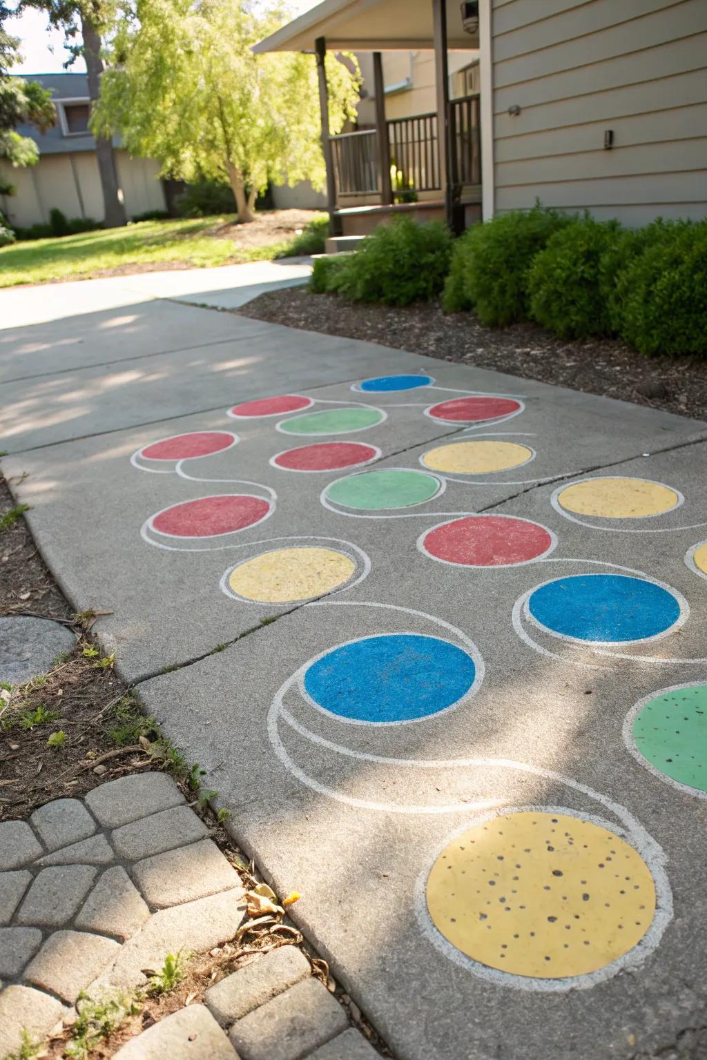 Bring joy and movement to your driveway with a colorful DIY chalk Twister game!