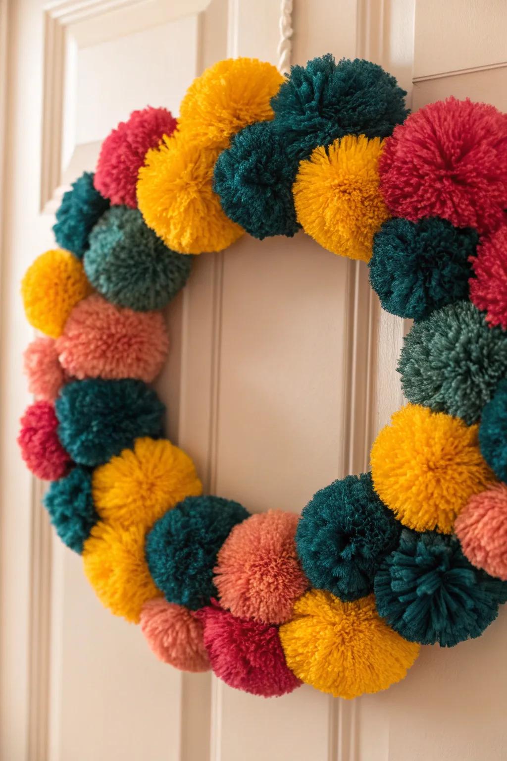Add a burst of color to your holiday decor with this charming pom-pom wreath, where simplicity meets playful elegance.