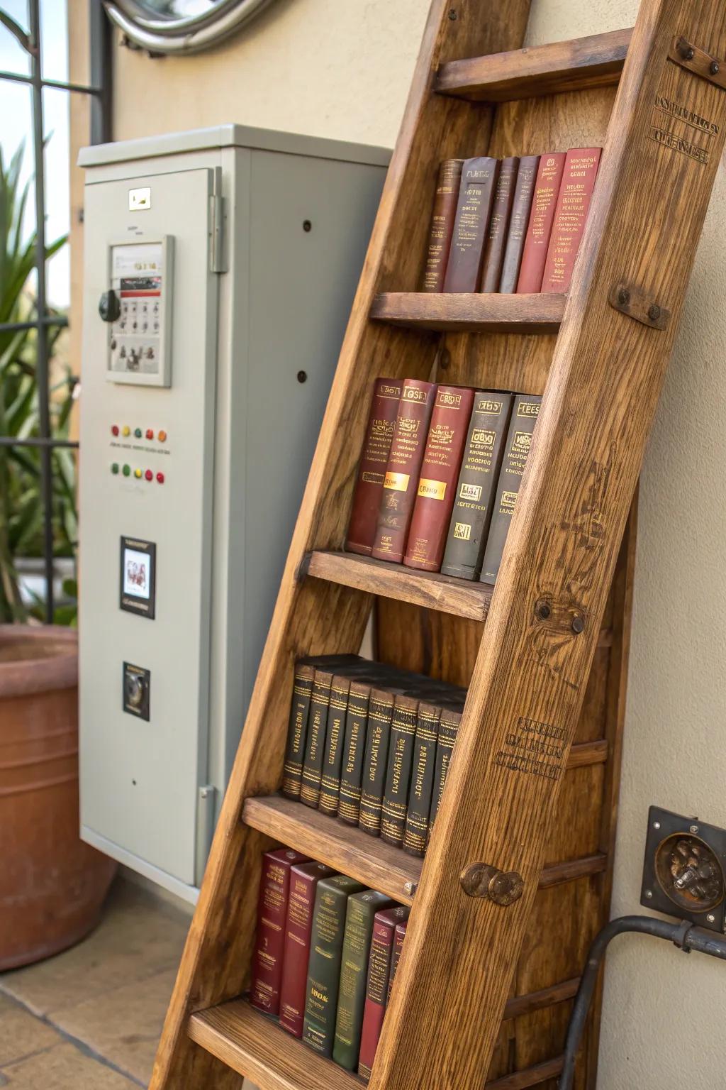 Hide and highlight: A leaning bookshelf blends practicality with style, showcasing a vintage book collection while concealing the mundane.
