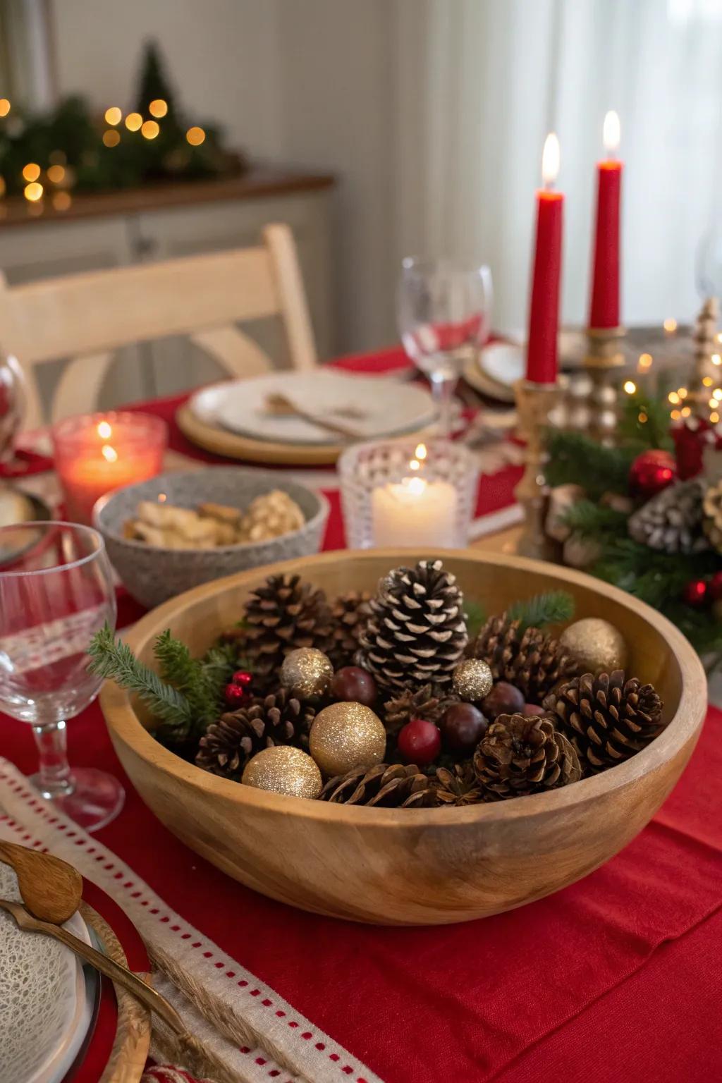 A dough bowl centerpiece offers rustic elegance.