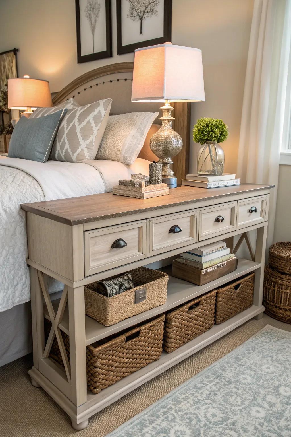 Console tables provide versatile end-of-bed storage.