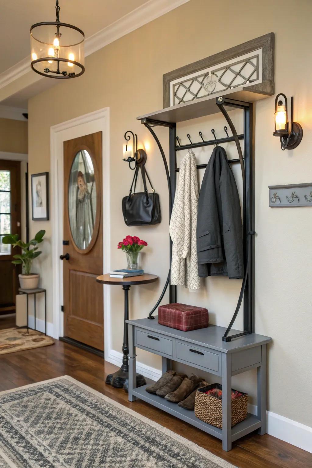 Functional art combines utility with style in the entryway.