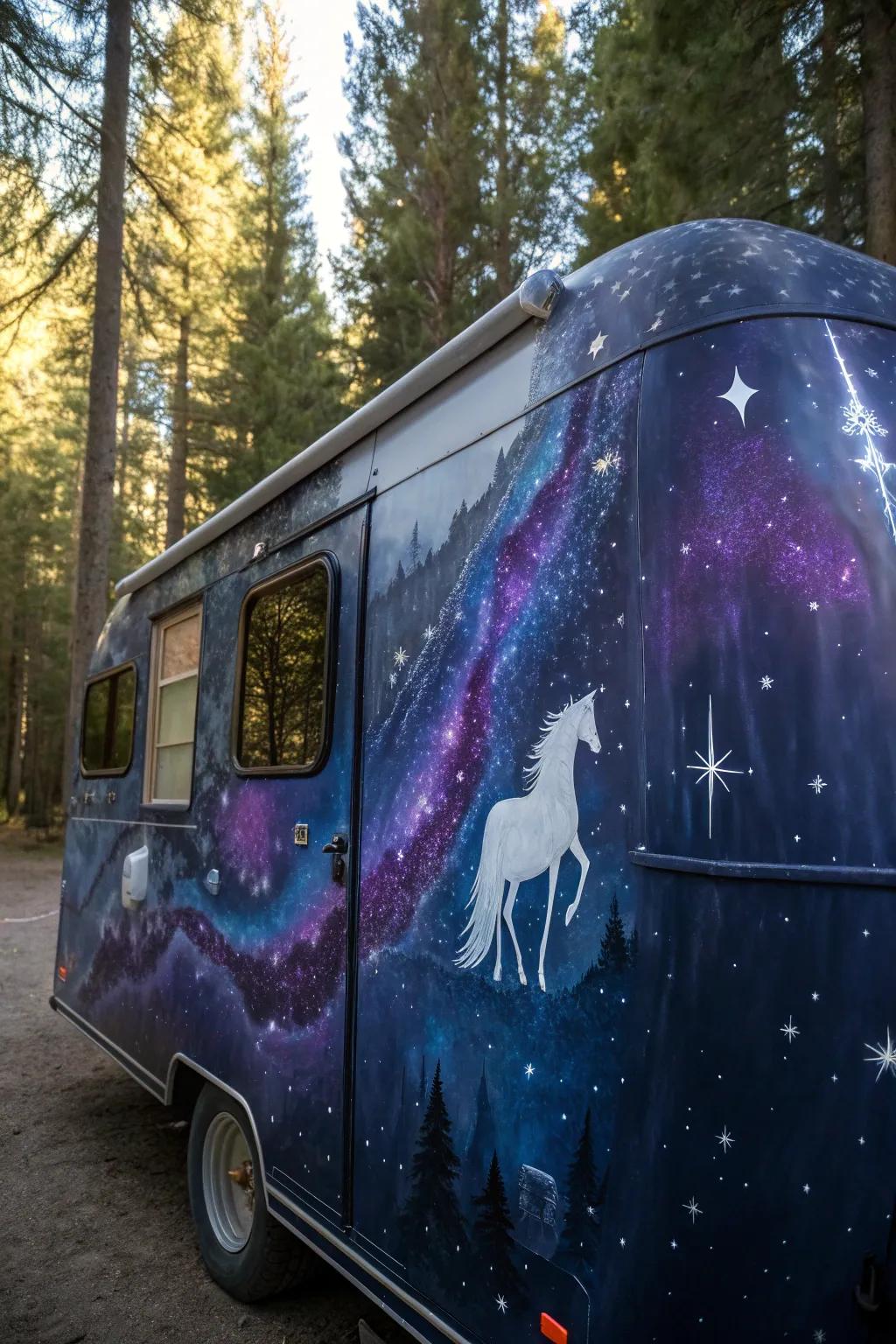 Embark on a magical journey with this enchanting galaxy-themed camper paint job.