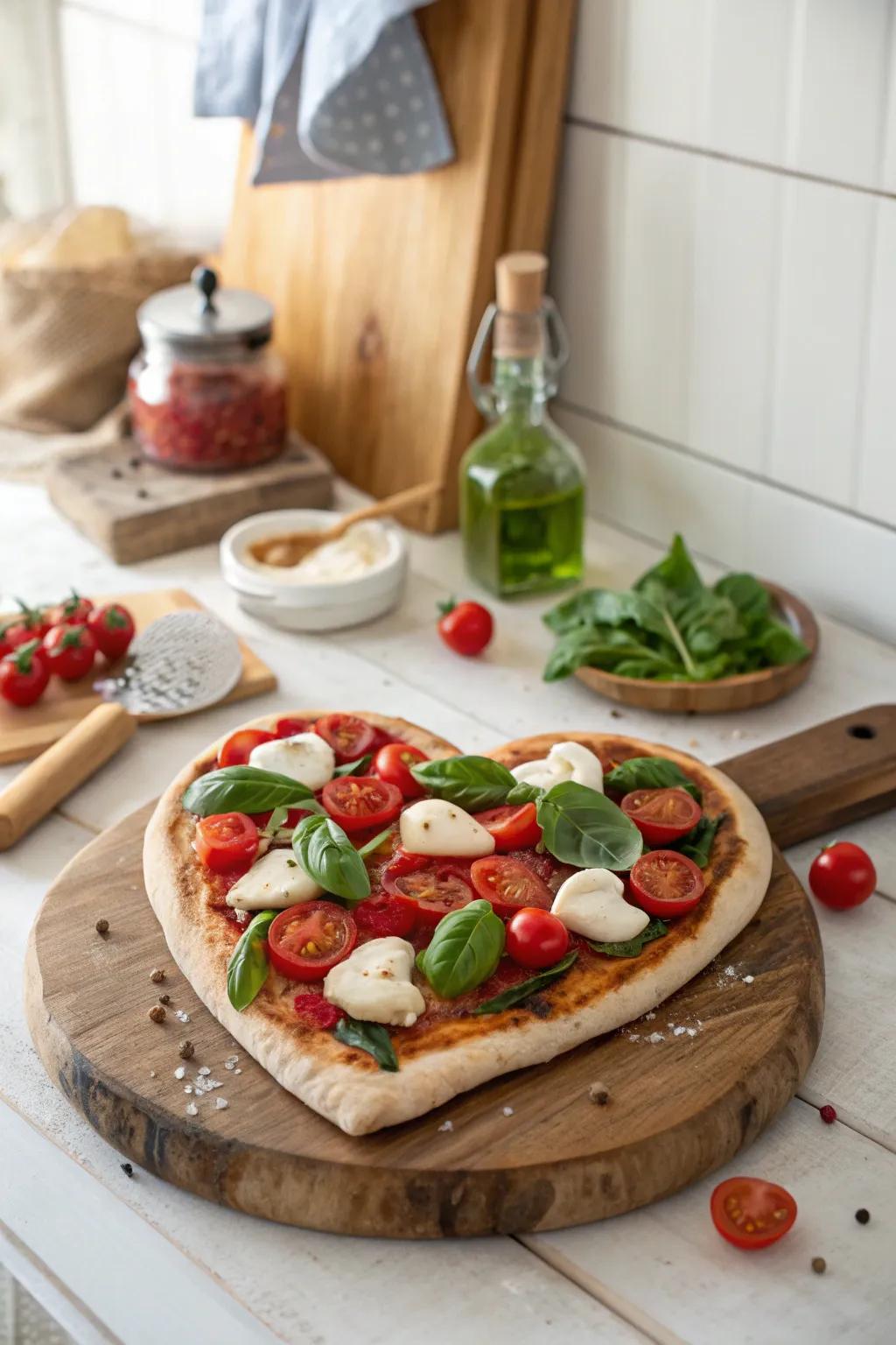 Crafting love in the kitchen: A heart-shaped pizza for a memorable family Valentine's celebration.