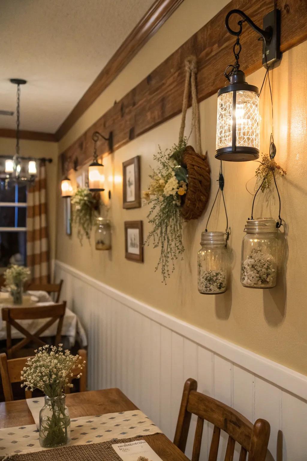 Mason jar sconces provide a warm and inviting glow in this dining room.