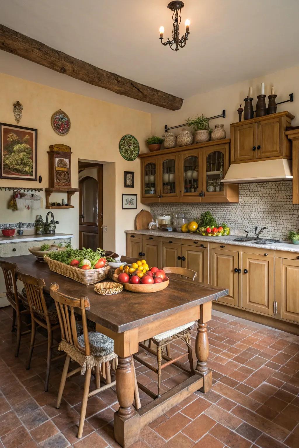Glossy tiles contrast with matte surfaces for a modern farmhouse kitchen.