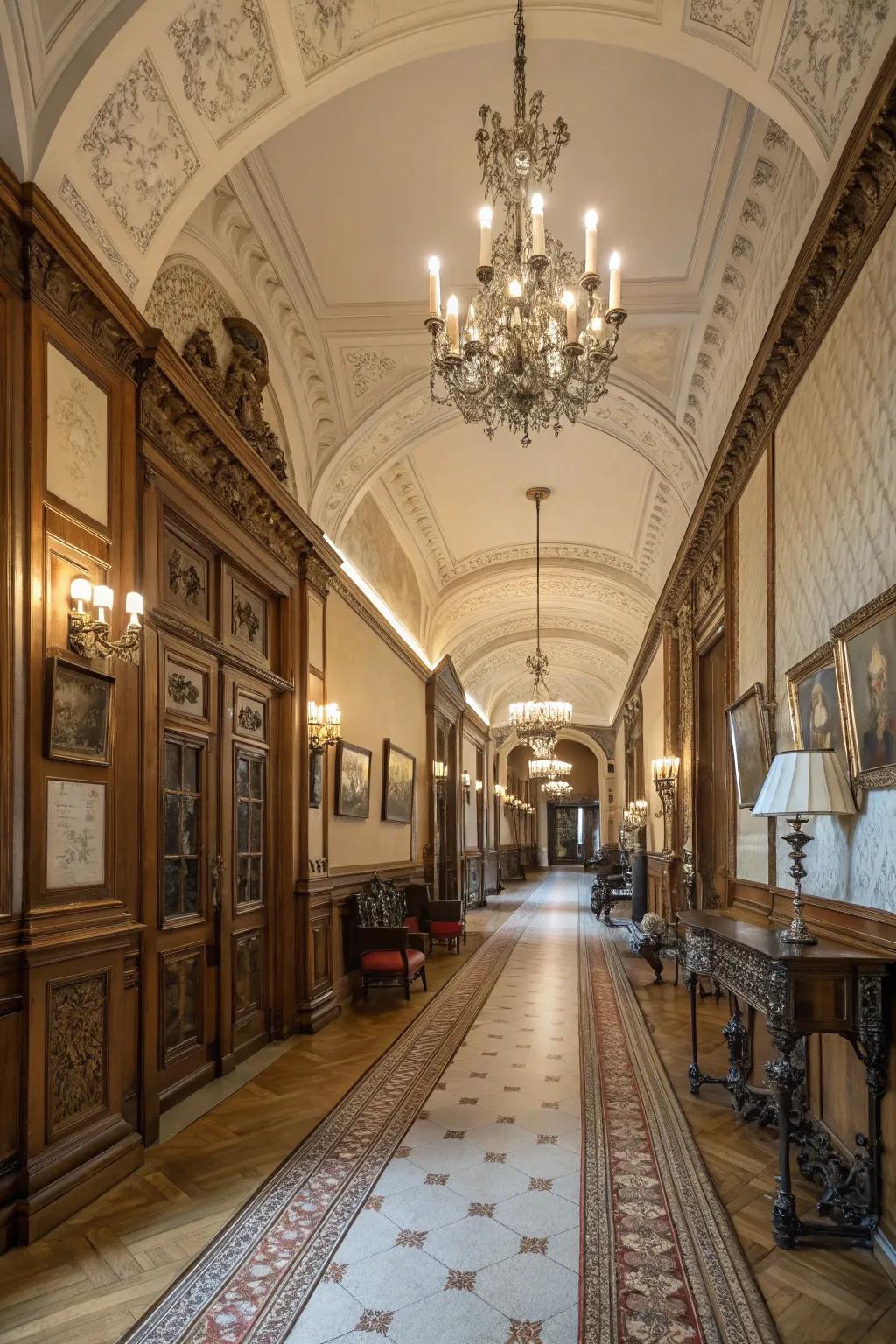 Grand hallway with tall, elegant wainscoting.