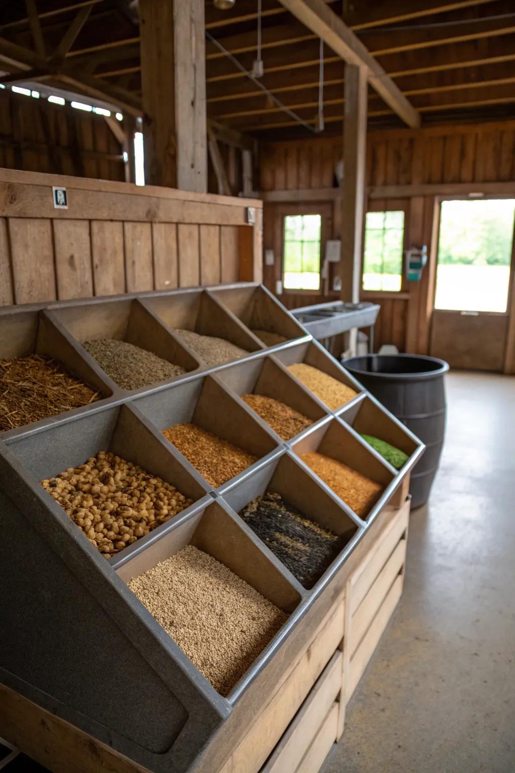 Multi-compartment bin for organized feed storage.