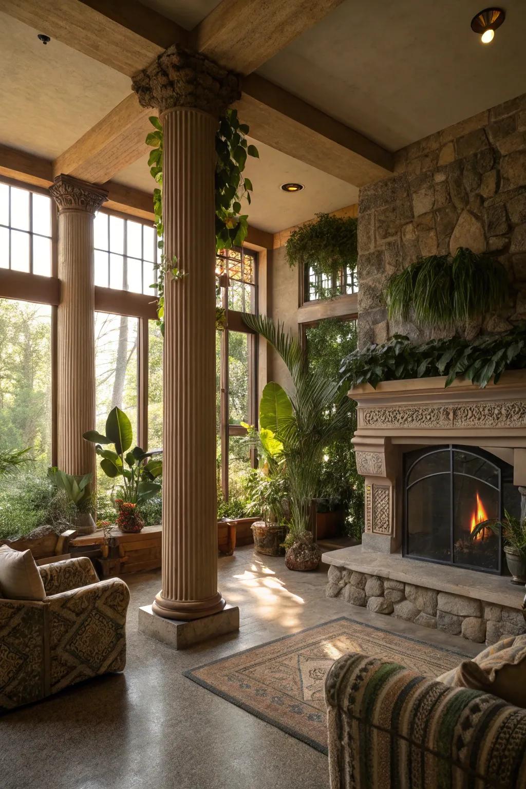 Nature-inspired textures on columns create a serene atmosphere.